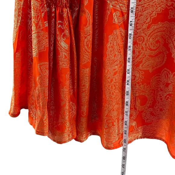 Michael Kors Poppy/Gold Samara Smocked Bell Sleeve Tunic Metallic Blouse Size 2X - Picture 10 of 13